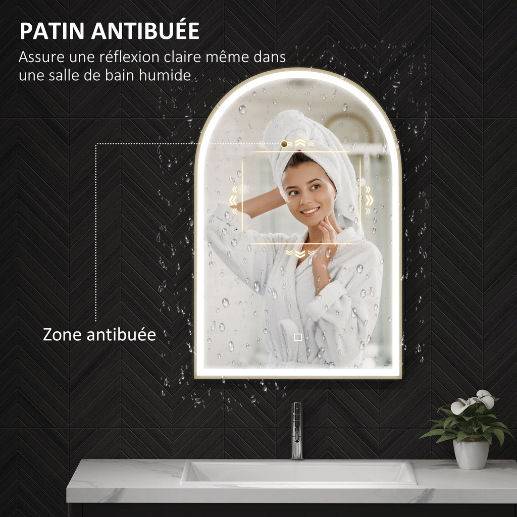 Miroir de salle de bain LED 90 x 60cm, mural, 3 couleurs, arqué cadre en aluminium, désembuage et interrupteur tactile