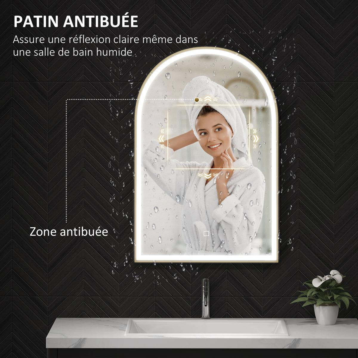 Miroir de salle de bain LED 90 x 60cm, mural, 3 couleurs, arqué cadre en aluminium, désembuage et interrupteur tactile