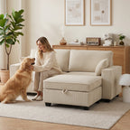 Canapé 3 Places avec Pouf de Rangement, Canapé d'Angle en Velours Côtelé, Assise Large, 2 Coussins, Beige