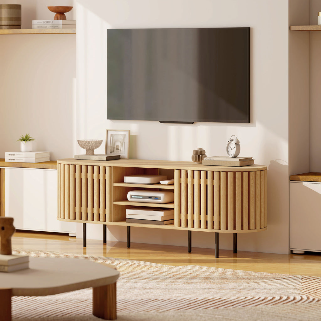 Meuble TV, meuble télé pour téléviseur 60 pouces, 2 portes à lattes, 140x40x52cm, bois naturel