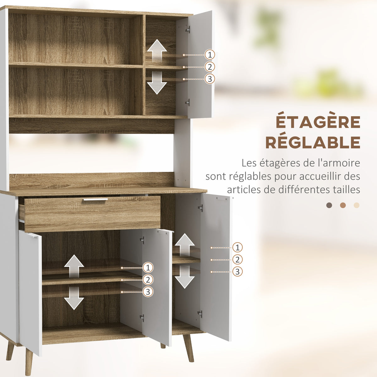 Armoire de cuisine meuble de rangement 4 portes 1 tiroir design scandinave 98 x 39 x 180 cm blanc et naturel