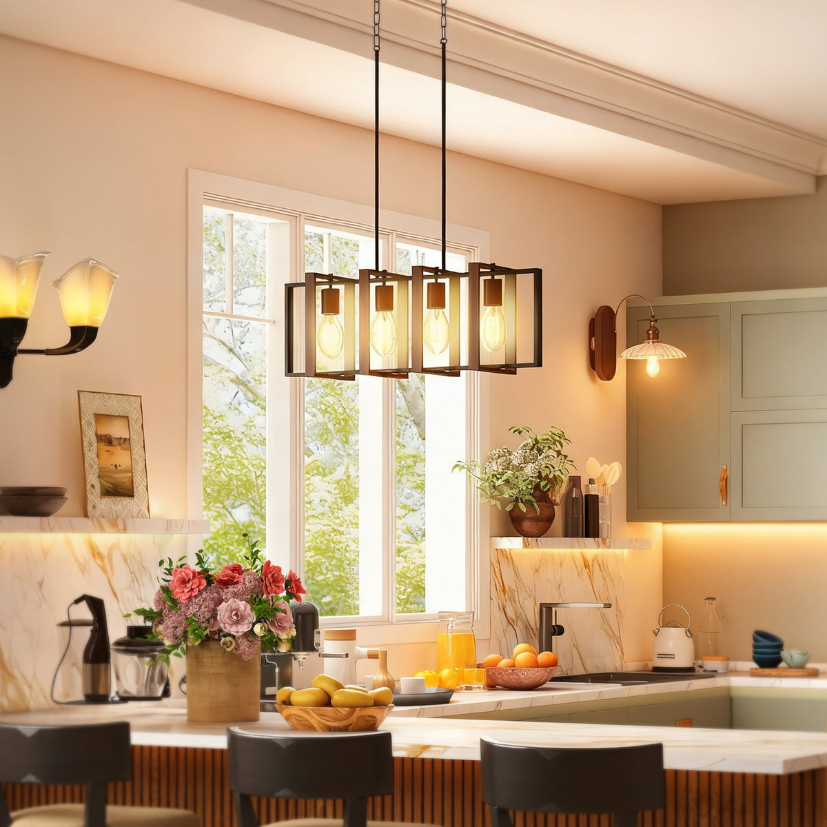 Suspension luminaire moderne, lustre plafonnier avec 4 cadres rotatifs et hauteur réglable, 80 x 21 x 90-130 cm, noyer
