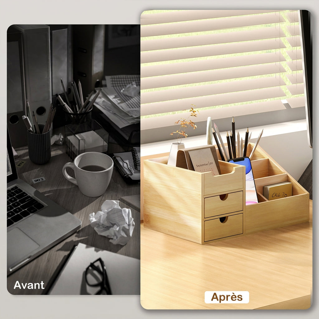 Boite de Rangement de Bureau - Organiseur de Bureau - 7 Compartiments, 2 tiroirs - Bambou Verni, Bambou