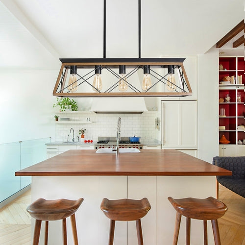 Lustre Rustique 5 Ampoules Style Fermier - Noyer & Acier