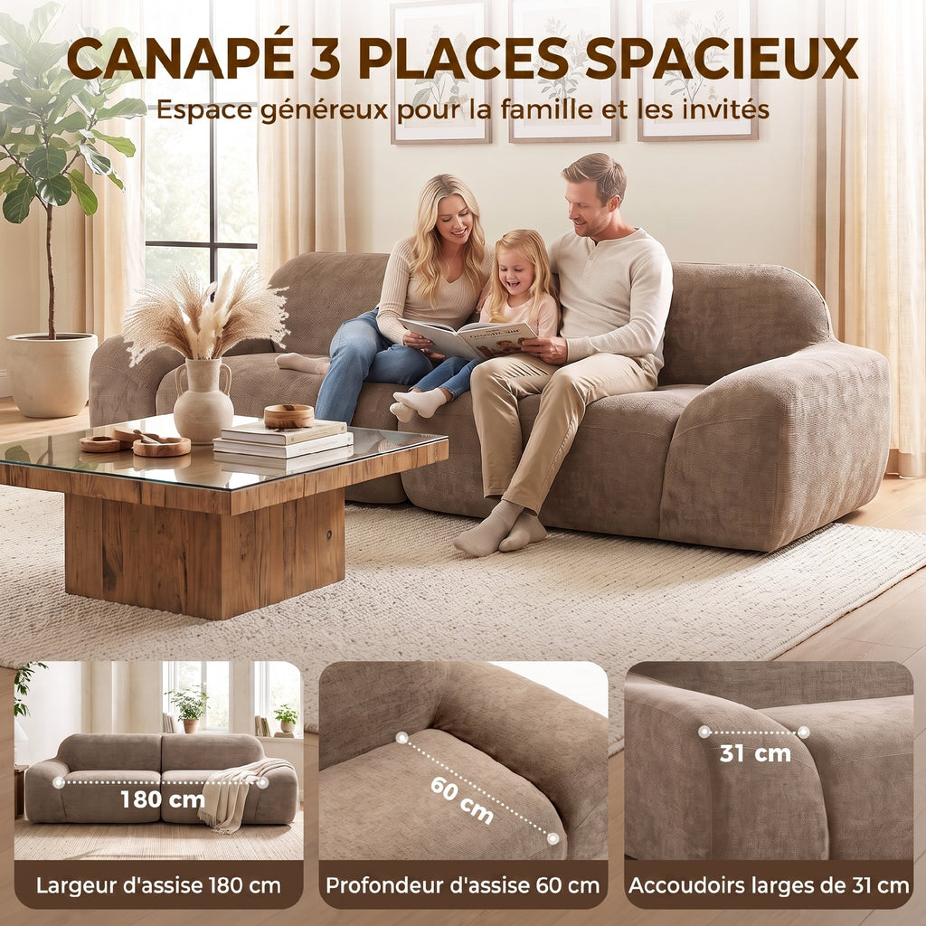 Canapé 3 Places en Chenille 244 cm, Canapé Salon Moderne, Assise et Accoudoirs Larges, Ressorts Ensachés, Marron Clair