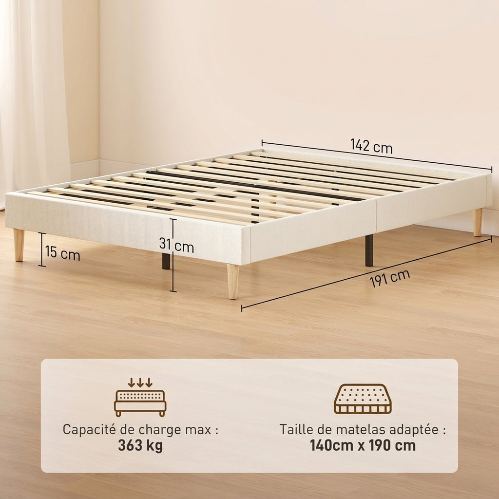 Cadre de Lit 140 x 190 cm avec Sommier, Lit Double Rembourré en Velours Côtelé, Espace de Rangement Au-Dessous, Crème
