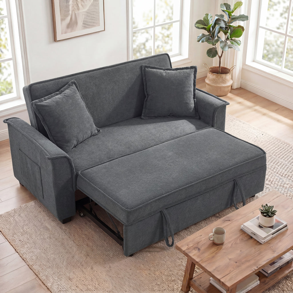 Canapé convertible 2 places, canapé-lit clic-clac en chenille, dossier réglable, 2 coussins, poche latérale, gris