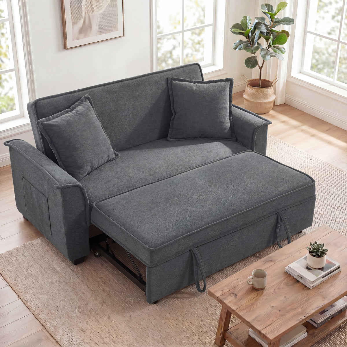 Canapé convertible 2 places, canapé-lit clic-clac en chenille, dossier réglable, 2 coussins, poche latérale, gris