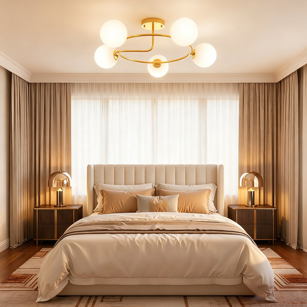 Plafonnier lustre moderne, luminaire plafonnier à 5 lumières avec culot G9, montage semi-affleurant, doré et blanc