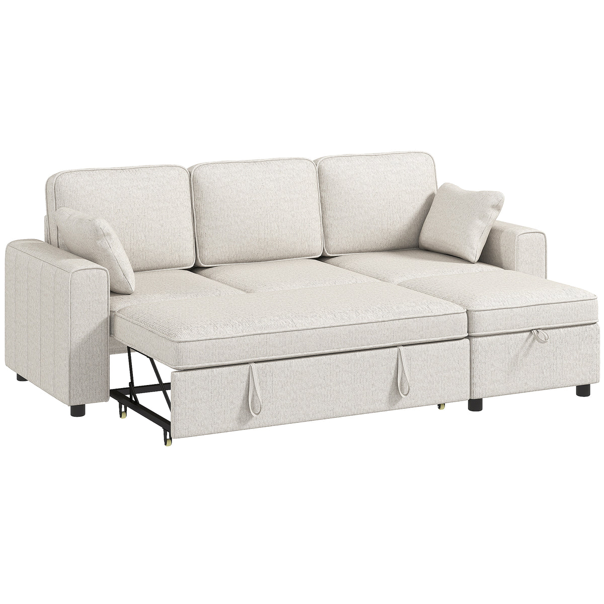 Canapé d'Angle Convertible en Chenille, Canapé-Lit 3 Places Modulaire 225 cm avec Pouf de Rangement, Beige