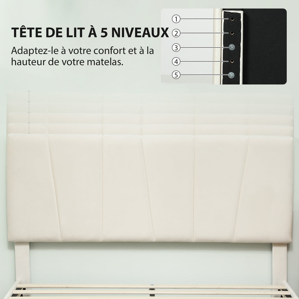 Cadre de lit double 140 x 190 cm lit 2 personnes tête de lit réglable sommier 150 x 198 x 101/106/111/116/121 cm crème