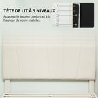 Cadre de lit double 140 x 190 cm lit 2 personnes tête de lit réglable sommier 150 x 198 x 101/106/111/116/121 cm crème