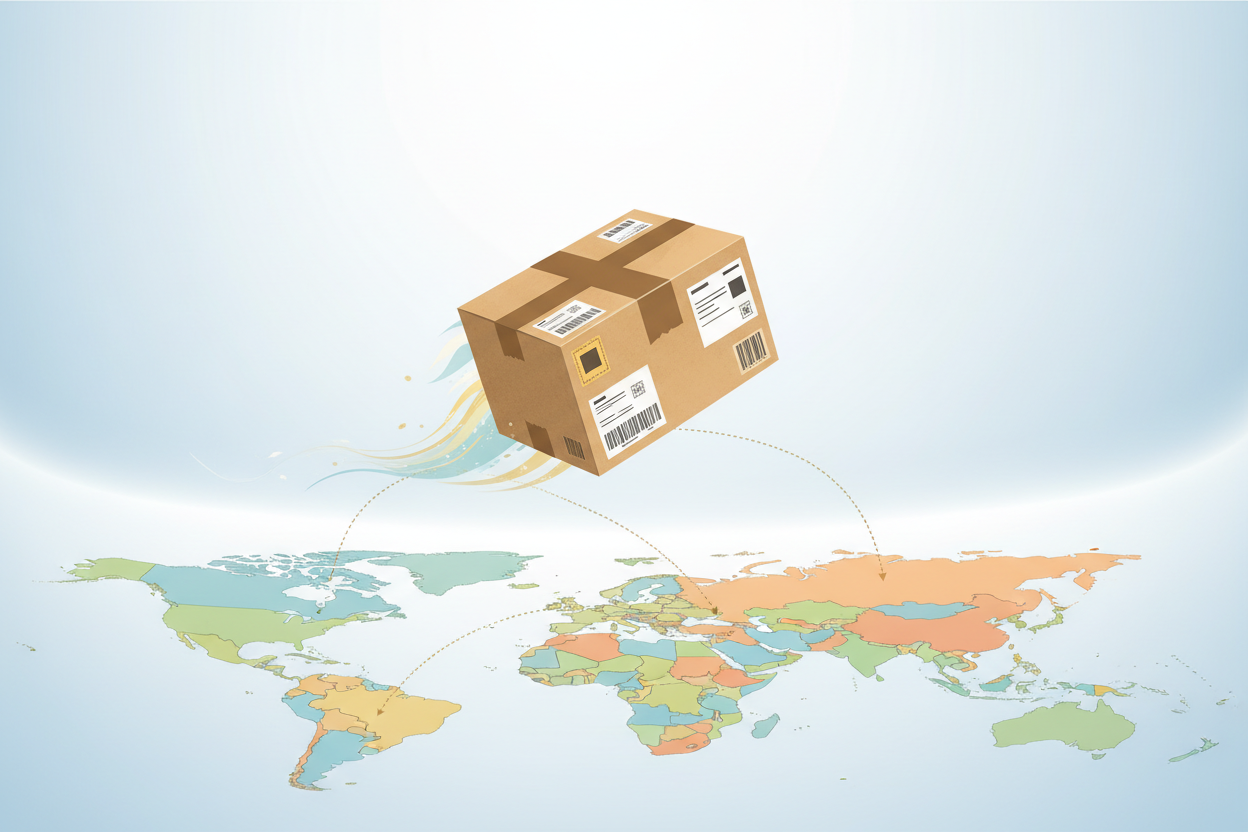 Colis qui vole dans une carte du monde 