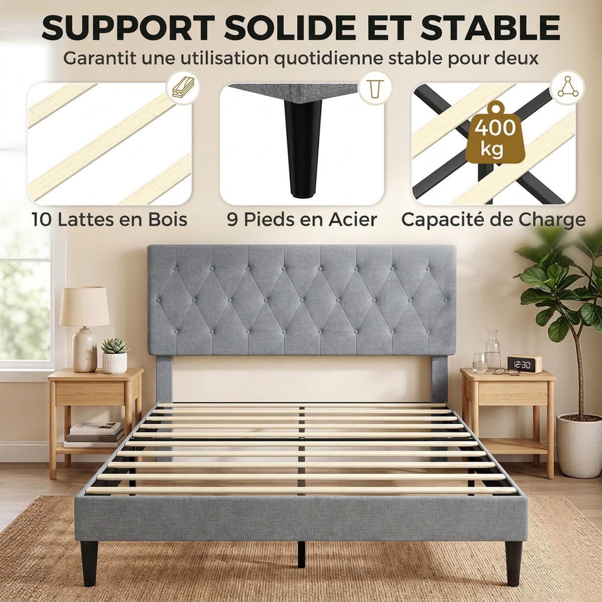 Cadre de Lit 140 x 190 cm avec Sommier, Lit Double Rembourré en Lin, Tête Capitonnée, Support à 10 Lattes, Gris
