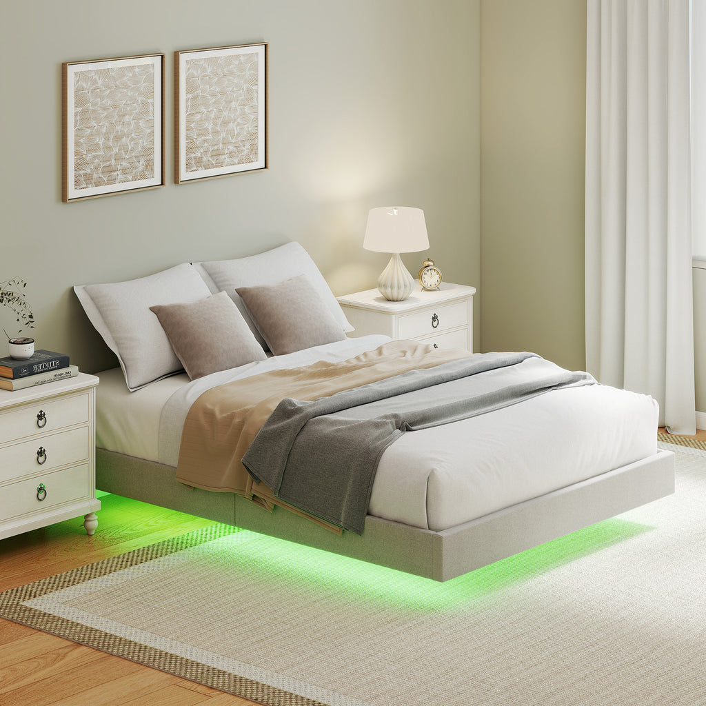 Cadre de lit flottant 140 x 190 cm avec éclairage LED, lit double rembourré en lin, sommier à lattes en bois, beige
