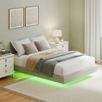 Cadre de lit flottant 140 x 190 cm avec éclairage LED, lit double rembourré en lin, sommier à lattes en bois, beige
