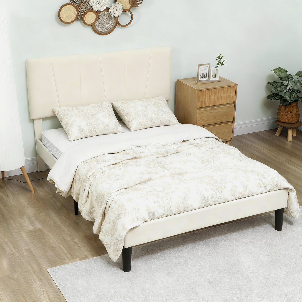 Cadre de lit double 140 x 190 cm lit 2 personnes tête de lit réglable sommier 150 x 198 x 101/106/111/116/121 cm crème
