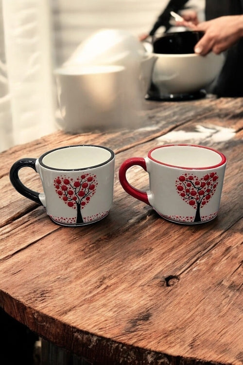 Set de 2 Tasses Céramique Artisanale Motif Arbre et Cœur - Fait Main