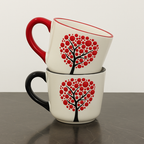 Set of 2 Handmade Ceramic Mugs with Tree and Heart Pattern