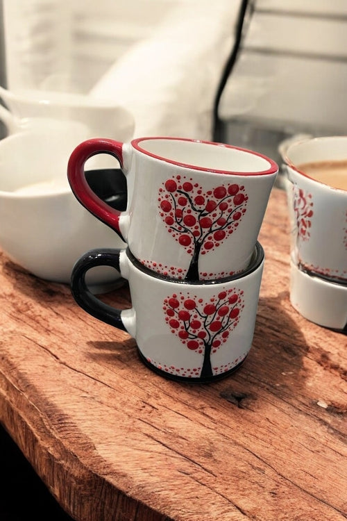 Set de 2 Tasses Céramique Artisanale Motif Arbre et Cœur - Fait Main