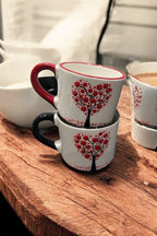 Set of 2 Handmade Ceramic Mugs with Tree and Heart Pattern