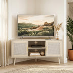 Meuble TV d'Angle 115 cm, Meuble Télé pour Téléviseur jusqu'à 65 Pouces, 2 Portes en Rotin  2 Compartiments, Chêne
