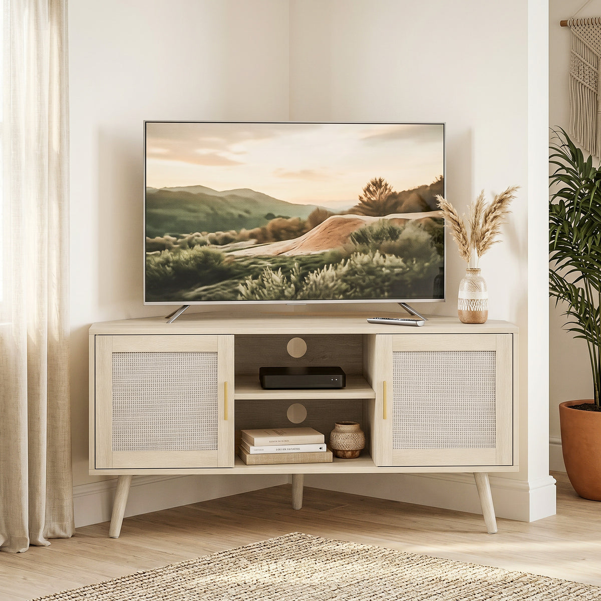Meuble TV d'Angle 115 cm, Meuble Télé pour Téléviseur jusqu'à 65 Pouces, 2 Portes en Rotin  2 Compartiments, Chêne