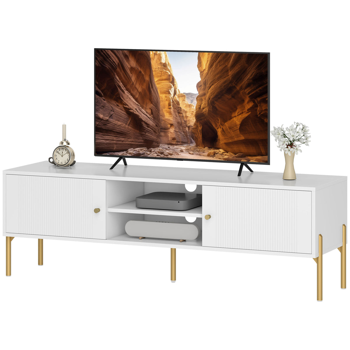 Meuble TV, meuble télé jusqu'à 65 pouces avec 2 portes, 2 compartiments ouverts, pieds en acier, 140x38x45,9cm, blanc