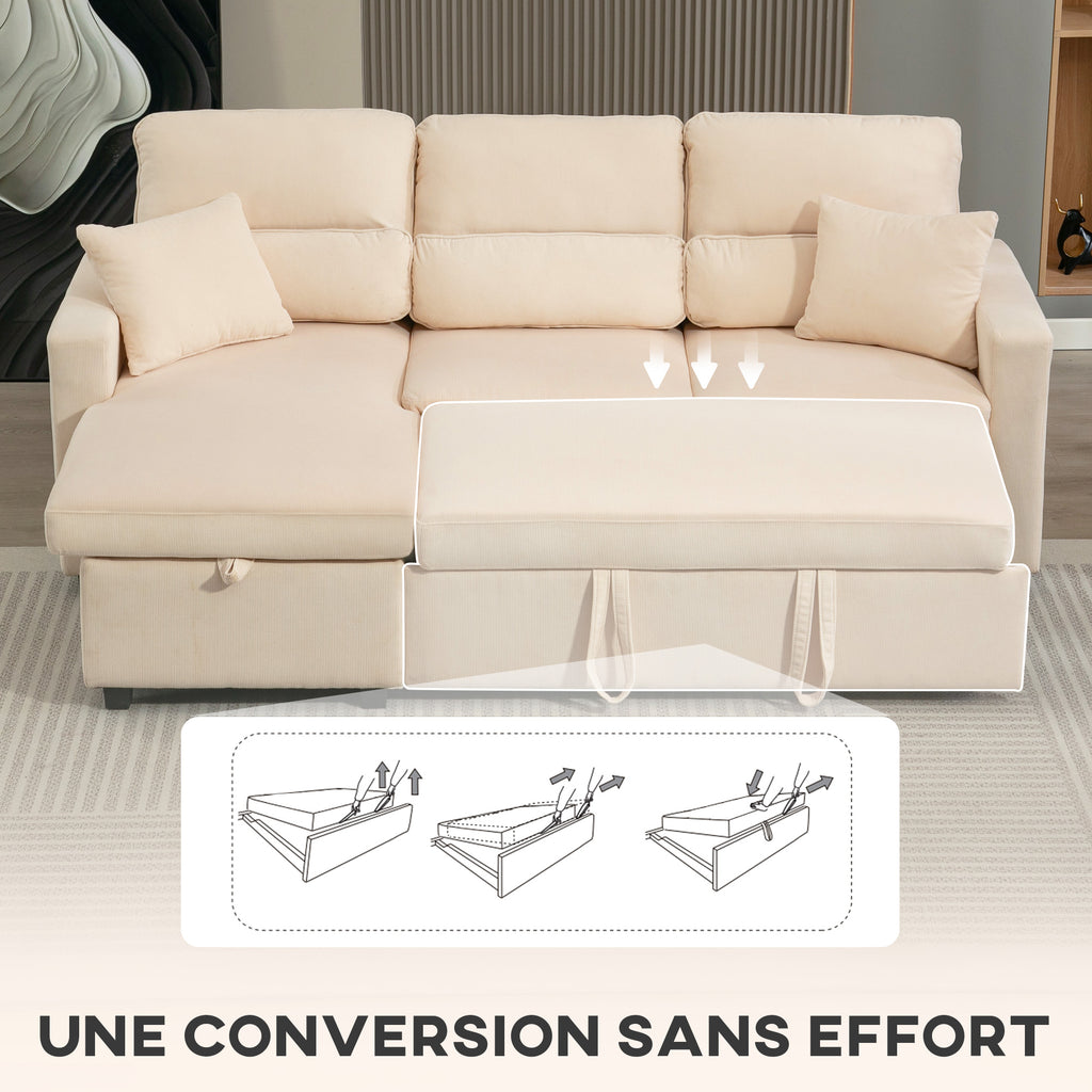 Canapé d'angle convertible en velours côtelé, canapé-lit 3 places avec rangement caché, coussins, 205x135x76cm, beige
