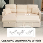 Canapé d'angle convertible en velours côtelé, canapé-lit 3 places avec rangement caché, coussins, 205x135x76cm, beige