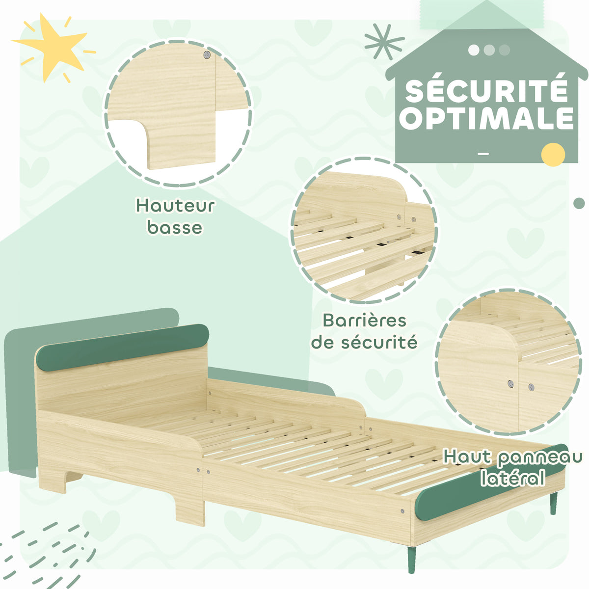 Lit pour enfant lit au sol enfant de 3 à 10 ans avec barrière de sécurité, sommier à lattes inclus, vert