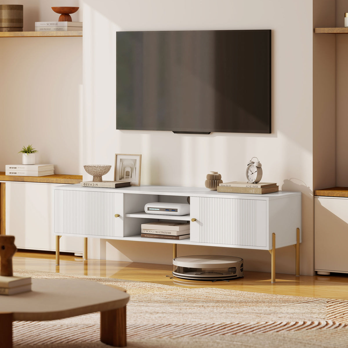 Meuble TV, meuble télé jusqu'à 65 pouces avec 2 portes, 2 compartiments ouverts, pieds en acier, 140x38x45,9cm, blanc