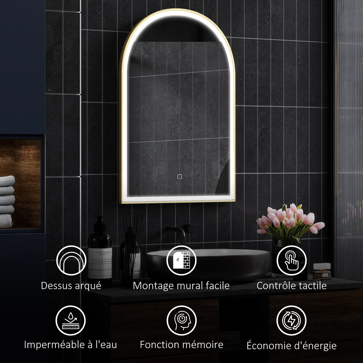 Miroir de salle de bain LED 90 x 60cm, mural, 3 couleurs, arqué cadre en aluminium, désembuage et interrupteur tactile