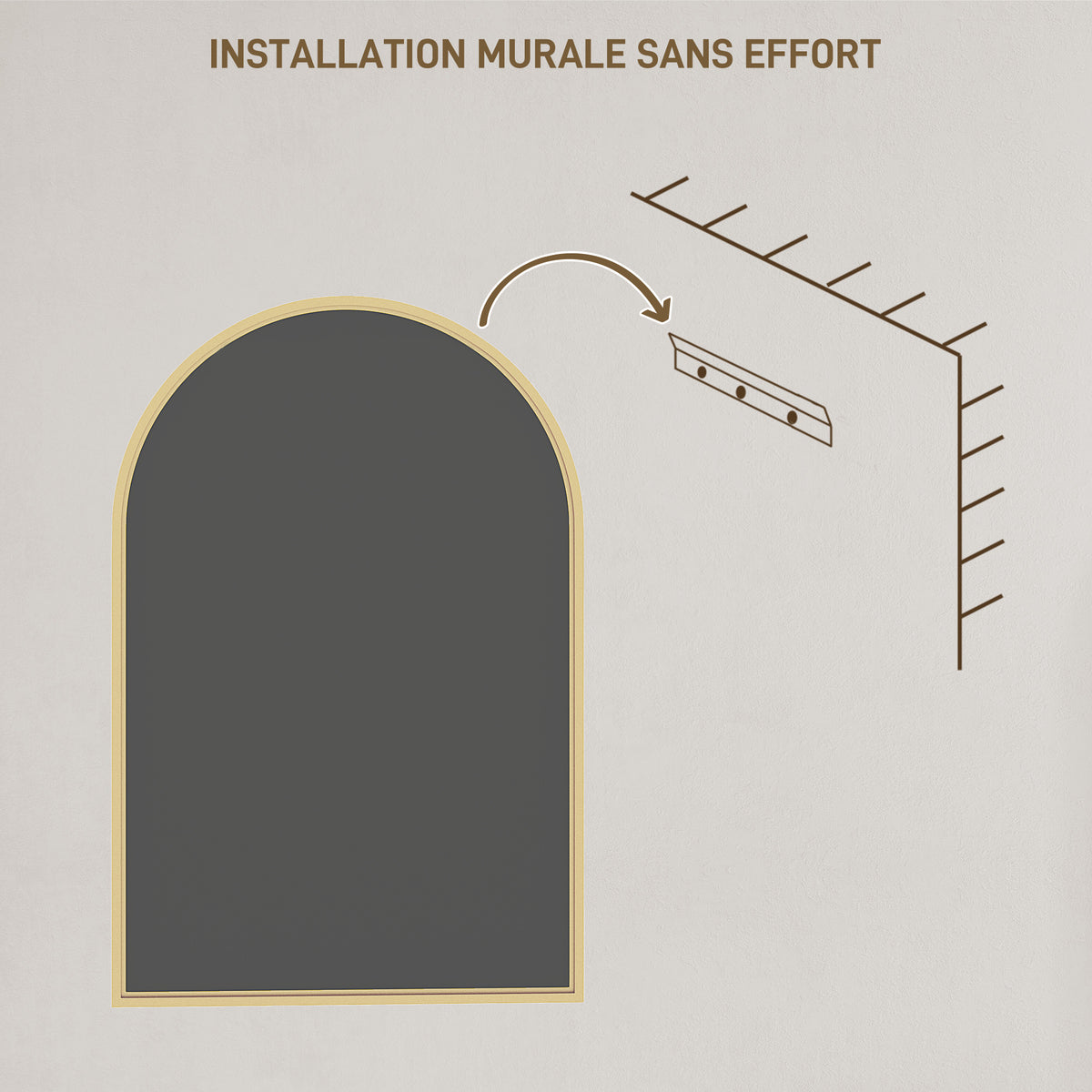 Miroir mural arqué miroir de salle de bain avec cadre en alliage d'aluminium pour chambre salon entrée 60 × 90 cm or