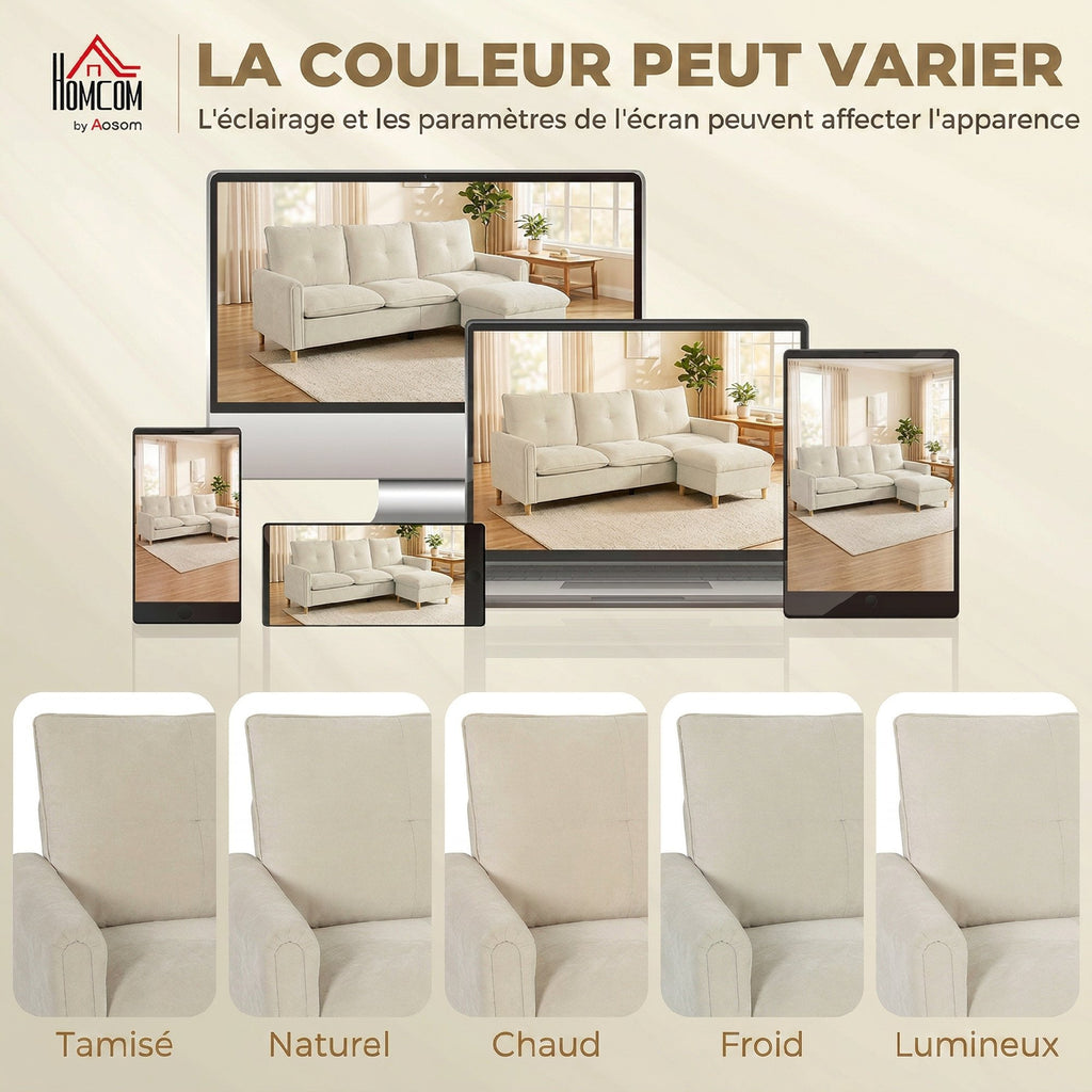 Canapé 3 places avec pouf de rangement, canapé d'angle modulable 210 cm, assise large, tissu aspect lin, crème