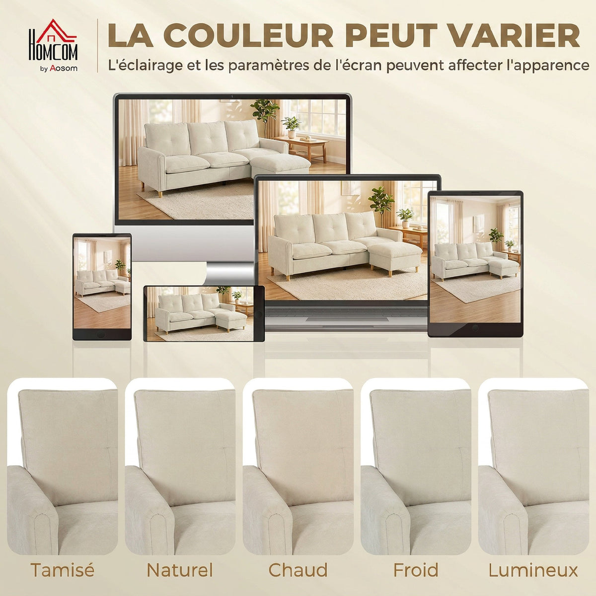 Canapé 3 places avec pouf de rangement, canapé d'angle modulable 210 cm, assise large, tissu aspect lin, crème