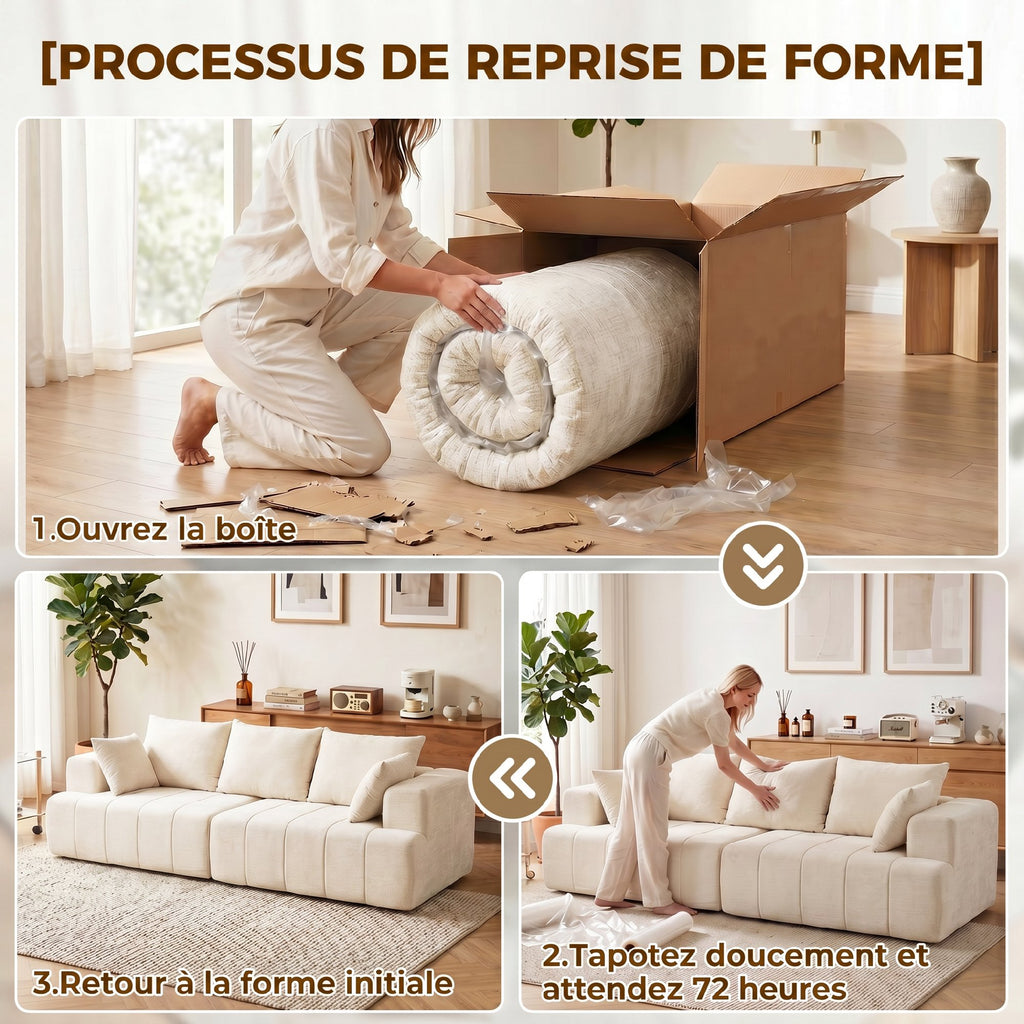 Canapé 3 places en chenille 248 cm, canapé salon moderne, large assise rembourrée, coussins à ressorts, beige