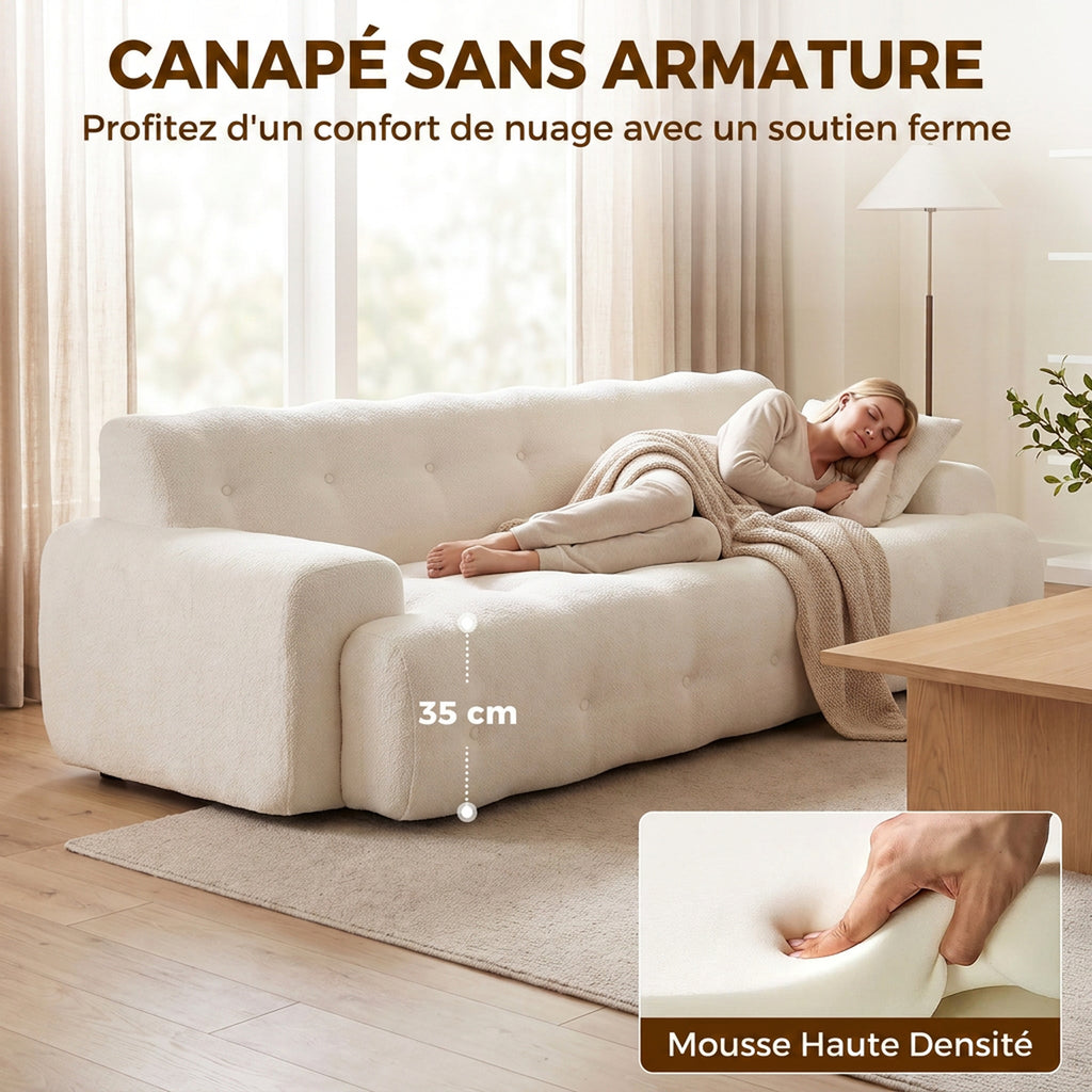 Canapé 3 Places en Chenille 211 cm, Canapé Salon, Assise Profonde, Entièrement Compressé Sans Montage, Crème