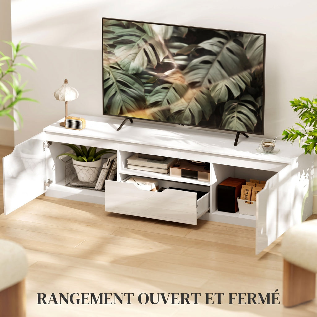 Meuble TV 160 cm, meuble télé pour téléviseur jusqu'à 65 pouces avec 2 portes et tiroir, blanc
