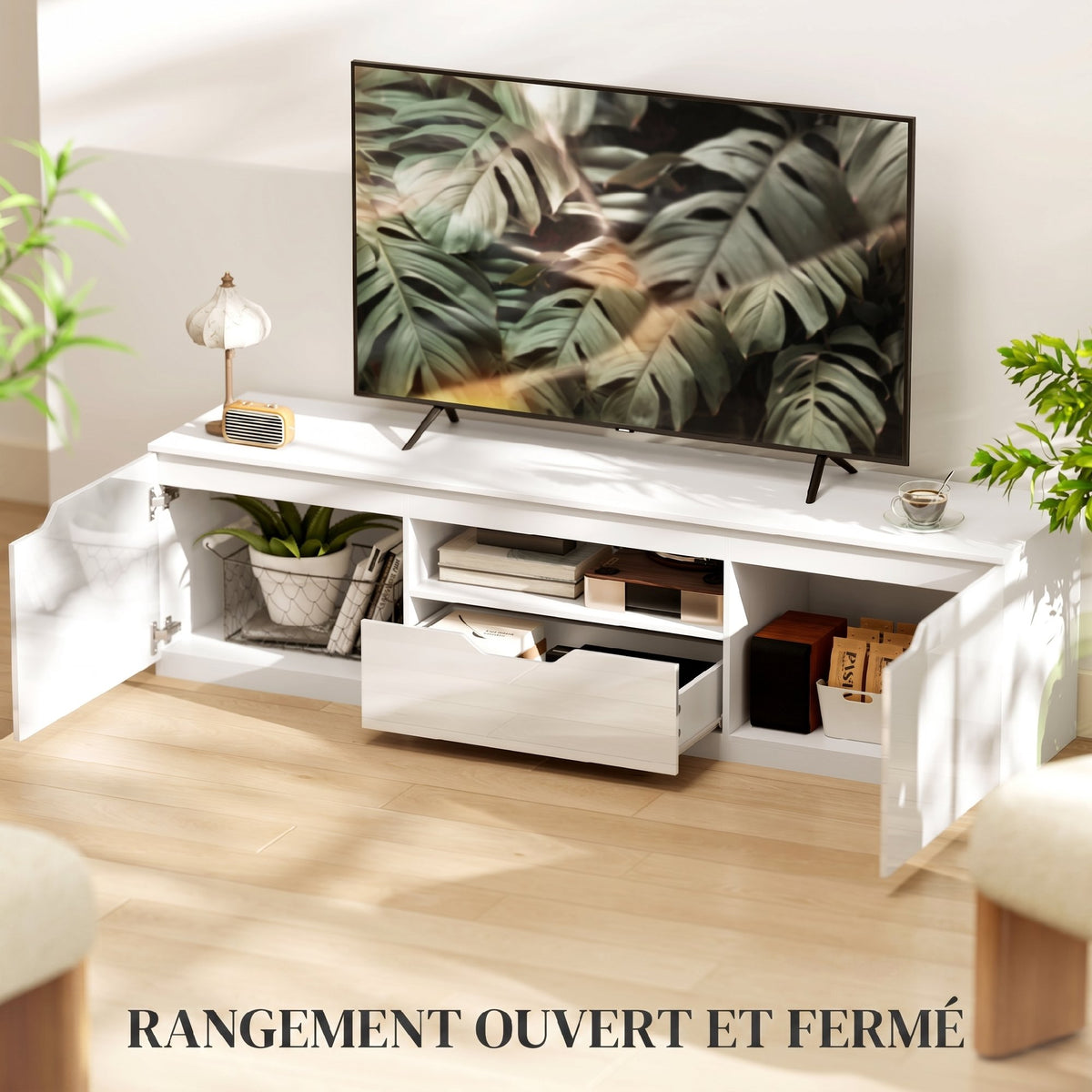 Meuble TV 160 cm, meuble télé pour téléviseur jusqu'à 65 pouces avec 2 portes et tiroir, blanc