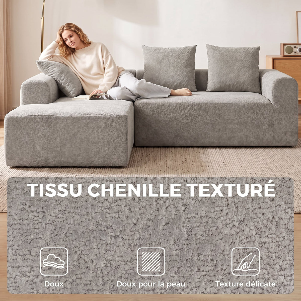 Canapé d'Angle en Chenille, Canapé 3 Places en L 242 cm avec Méridienne, Assise Profonde, Accoudoirs Larges, Gris Clair