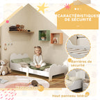 Lit enfant lit au sol enfant 70x140 cm avec barrière de sécurité, sommier à lattes inclus et décorations de nuage, blanc