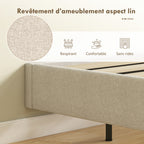 Cadre de lit flottant 140 x 190 cm avec éclairage LED, lit double rembourré en lin, sommier à lattes en bois, beige