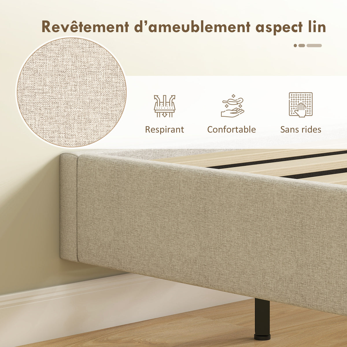 Cadre de lit flottant 140 x 190 cm avec éclairage LED, lit double rembourré en lin, sommier à lattes en bois, beige