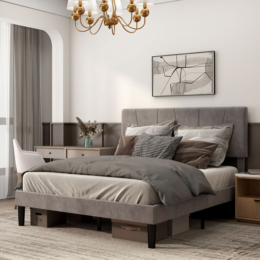 Cadre de lit double 140 x 190 cm lit 2 personnes tête de lit réglable sommier 150 x 198 x 100/105/110/115/120 cm gris