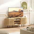 Meuble TV, meuble télé pour téléviseur 60 pouces, 2 portes à lattes, 140x40x52cm, bois naturel