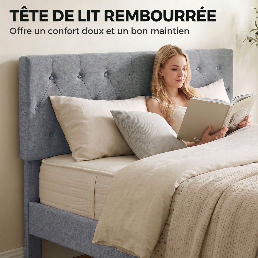 Cadre de Lit 140 x 190 cm avec Sommier, Lit Double Rembourré en Lin, Tête Capitonnée, Support à 10 Lattes, Gris