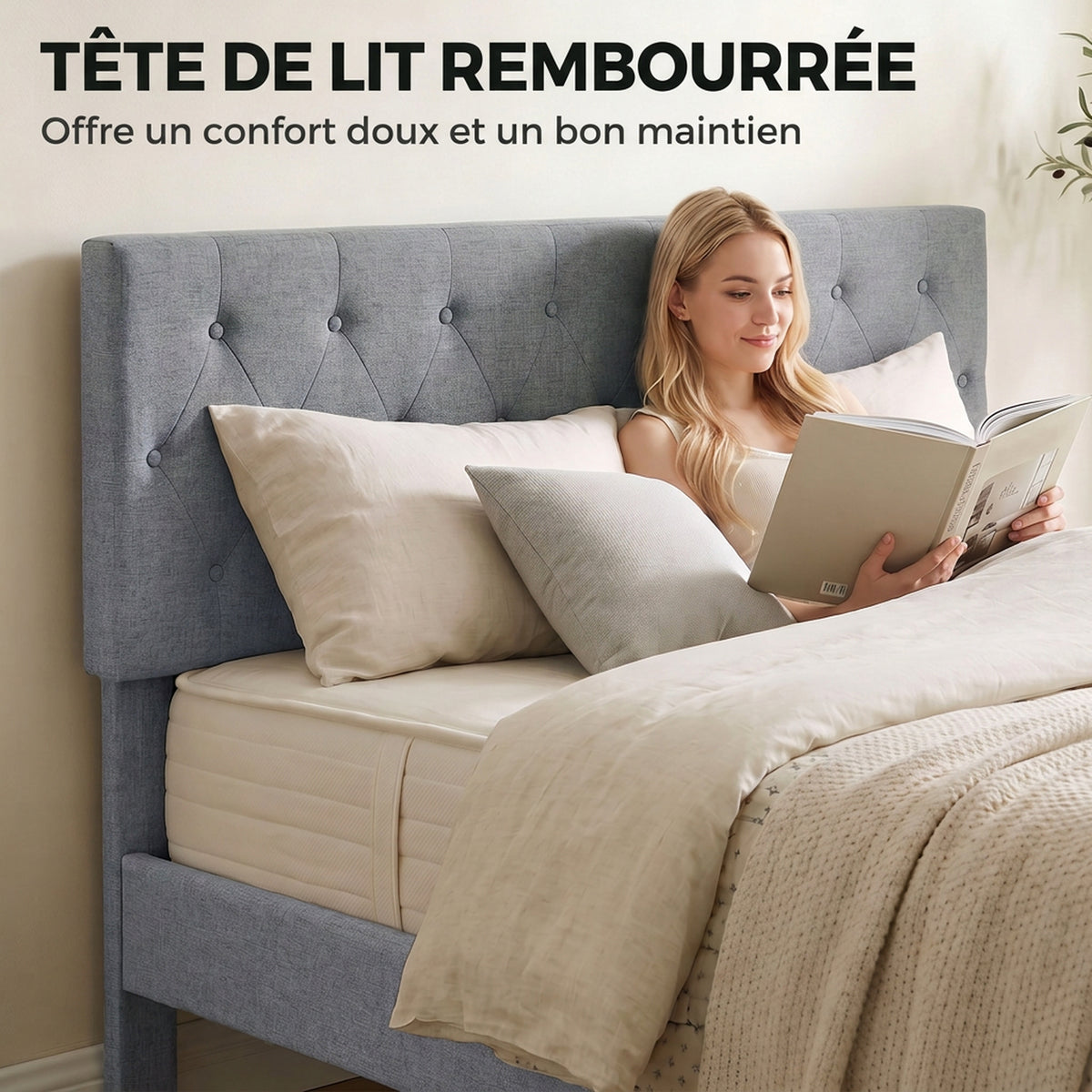 Cadre de Lit 140 x 190 cm avec Sommier, Lit Double Rembourré en Lin, Tête Capitonnée, Support à 10 Lattes, Gris