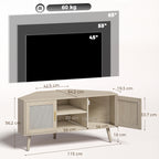 Meuble TV d'Angle 115 cm, Meuble Télé pour Téléviseur jusqu'à 65 Pouces, 2 Portes en Rotin  2 Compartiments, Chêne