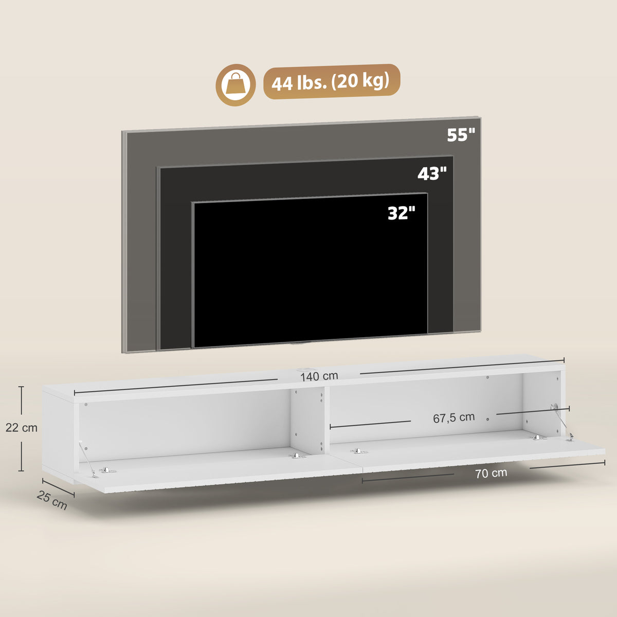 Meuble TV suspendu 140cm, meuble télé pour téléviseur 72 pouces, 2 portes rabattables, 140x25x22cm, blanc